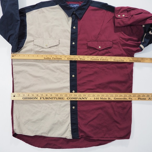 Wrangler Western Shirt Mens Extra Large Colorblock Burgundy Tan Blue Snap Front - Picture 5 of 9